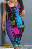 Figure Print Sleeveless U-Neck Bodycon Dress Women Spring Summer High Waist Slim Sheath Mini Dress-Outfit