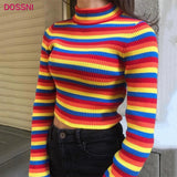 Multicolor Striped Sweater for Women, Fashion Knitted Pullover, Slim Sexy Turtleneck Sweaters and Colorful