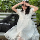 Long Fairy Dress Women Sweet Mesh Hollow Out Designer Vintage Dress 2021 Elegant Korean High Waist Party Floral Dress-Outfit