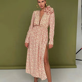 Woherb Women's Early Spring 2024 New Floral Dress Sexy Deep V Tie With Waist Side Slit Skirt-Outfit