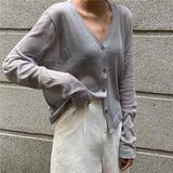 Women Korean Long Sleeve Cardigan Summer Cropped Cardigan Knitted V Neck Thin Ice Silk Blouse Sunscreen Shirt