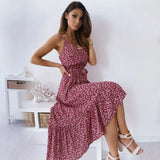 2020 Summer New Fashion Sexy Spaghetti Straps Backless V Neck Women's Dress Casual Belt Floral Print Ladies Long