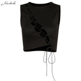 spring Black Sexy Hollow Out Tank Top Women Slim Sleeveless Lace Up Clothing Street Lady Solid Cropped Top 2021