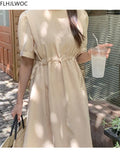 Cotton Linen Long Dress Summer Slim Waist A Line Temperament Lady Retro Vintage Cute Korean Chic Women Dresses Vestidos