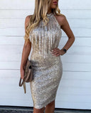 Women Slim Sequins Sleeveless Tassel Design Halter Neck High Waist Mini Dress Knee Length Bodycon Dress Party Evening-Outfit