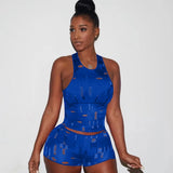 Hole Active Women Set Short Sleeve T-shirt and Shorts Set Sport Tracksuit Two Piece Set Fitness Outfit Ribbed Sweatsuit-Outfit