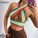 2021 Casual Summer Striped Sexy Halter Skinny Basic Crop Tops Night Club Streetwear Fashion Backless Tank Tops Mini