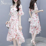 Summer Flower Printed Irregular Women Dress Temperament Women Chiffon