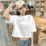 Sleeve T-shirts Women O-neck Fruits Embroidery Loose Fresh Lovely Students Crop Tops Female Pink Sweet New Ulzzang Daily-Outfit
