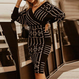 Spring Elegant Dress Sexy Lantern Sleeve Fashion Plaid V-neck Long Sleeve High Waist Dress Retro Jacket Womens Formal