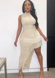 Sexy O-Neck Sleeveless Solid Pleated Asymmetrical Club