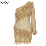 Kliou Bohemian Style Dress Women Autumn Plaid Tassel Skirt Sexy See Through Inclined Shoulder Robe Party Knitted