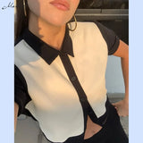 Summer Fashion Hit Color Patchwork Tees Women Knitting Street Casual Short Sleeve Crop Top Lady Slim Basic Tee 2020