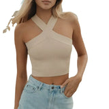 Woherb Cross Hanging Neck Knit Sling Small Vest Bare Back Tight Show Thin Bandage Wipe-Outfit