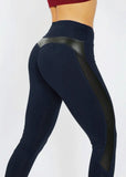 Solid High Waist Fitness Legging Women Heart Workout Leggins Femme Fashion Mesh And PU Leather Patchwork