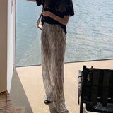 Summer Pleated Tie Dye Pants Women Korean Style Straight Wide Leg Trousers Woman High Waisted Streetwear Pants Feamle-Outfit