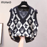 Women Cartoon Printted Knitted Vests Casual V-neck Oversized Loose Sleeveless Sweaters Tops Girl Korean Knitted Waistcoat 2022-Outfit