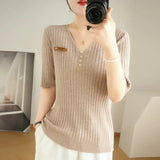 Woherb 2024 New Short Knit Women's Fashion Slim Short-Sleeve T-Shirt Thin Medium Sleeve Top-Outfit