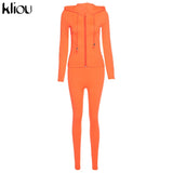 Kliou autumn new women hooded zipper pocket long sleeve tops sporty leggings matching set workout bodycon casual stretchy