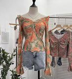 Print V-Neck Horn Sleeve Top Wooden Ear Lace With Short-Sleeved Long-Sleeved T-Shirt