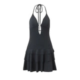 Woherb Women's French Deep V Sexy Dress Summer Hot Style Flounce Senior Sense Hanging Neck Temperament Short Skirt-Outfit