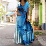 Summer Maxi Dress Women 2021 Floral Tie Dye Print Loose Long Dresses Robe Short Sleeve V Neck Sun Beach Dress Vestidos Plus