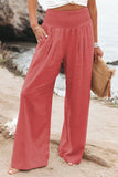 Summer 2022 Cotton Linen Style Women Loose Long Trousers Leisure Solid Color High Waist Ruched Beach Wide Leg Pants with