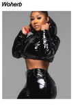 Winter Casual PU Leather Long Sleeve With Hood Short Jacket 601-1-Outfit