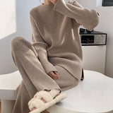 Woherb Color Sweater Open Fork Wide Leg Pants Two Sets Of Fashion Lazy Wind Knit Sweater Woman-Outfit