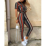 summer women's fashion stripe print jumpsuits 2021 casual turn-down collar button short sleeve belt bandage ladies