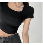 Woherb Letter Embroidered Slim Bottom Shirt Square Collar Low Breast Collarbone Short-Sleeve T-Shirt Midcrop High Waist