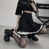 Gothic Women Japan Mini Skirt High Waist Jk A Line Sexy Lace Patchwork Girls Skirts Fashion Ruffles Club Black Faldas