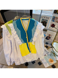 New Fashion Rainbow Striped Stitching Knitted Sweater Korean Style V-Neck Ruffled Long Sleeved Casual Outer Women Clothes-Outfit