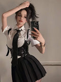 Gothiscyn White Shirts + Pu Vest + Mini Pleated Skirt Girls Short Sleeve Black Tie French Slim Women Summer Design Polo