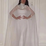 Woherb Middle East Summer New Chiffon Sequins Splicing Half High Collar Casual Women's Big Skirt Women-Outfit