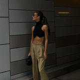 Woherb Summer New Slim Small Vest Vertical Grain High Collar Open Back Tight Top Direct Sales-Outfit