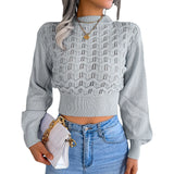 And Winter Street Wind Solid Color Hollow Striped Lantern Sleeve Open Umbilly Knitted Sweater Women's