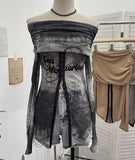 Picts Single-Layer Mesh Yarn Micro-Sleeved T-Shirt Word Shoulder-Pollid Letter Open Fork Top