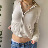 Autumn Solid Cardigans Women Zip Up Front Pockets Knit Sweaters Vintage Casual Korean Hooded Coats Knitwear
