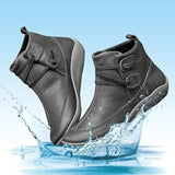 Winter Women Ankle Boots Retro Punk PU Leather Plush Snow Boots Casual Strap Slip-On Waterproof Flat Shoes Short