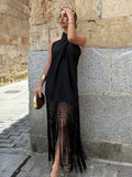 Solid Tassel Women's Maxi Dress Sexy Cross Hanging Neck Open Back Sleeveless Robes 2023 Summer Lady Party Chic Vestidos-Outfit