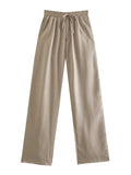 Women Chic Fashion Side Pockets Loose Wide Leg Pants Vintage High Elastic Waist Drawstring Female Trousers Mujer-Outfit