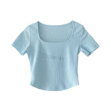 Woherb Letter Embroidered Slim Bottom Shirt Square Collar Low Breast Collarbone Short-Sleeve T-Shirt Midcrop High Waist