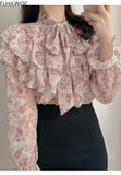 Vintage Solid Shirts Long Sleeve Single Breasted Button Cute Sweet Bow Tie Women Korea Japan Style Ruffled Chic Pink Tops