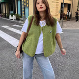 Women's Sleeveless Wool Vest Top Fashion Lady Spring And Autumn Loose Single-Row Buckle Vest
