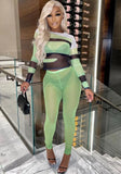Sexy O-Neck Full Sleeves High Waist Color Blocking Mesh Skinny Two Piece Pants