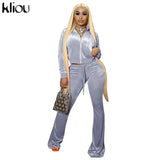 Kliou Solid Velour Two Piece Set Women Simple Casual Zipper Long Sleeve Turtleneck Top+Bandage Lace Slim Female Wide Leg