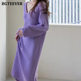Casual V-neck Side Split Knitted Dress for Women Autumn Winter Dress Casual Loose Warm Sweater Vestidos Femme 2020-Outfit