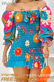 Neck Half Sleeve High Waist Dress Flower Off Shoulder Ruffle Hem Shirred Floral Print Mini Dress-Outfit