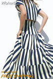 Women Chic Stripe Printed Hollow Out Robe Elegant Front Buttons Short Sleeve Ruffles Draped Dresses 2023 Fashion Female Vestidos-Outfit